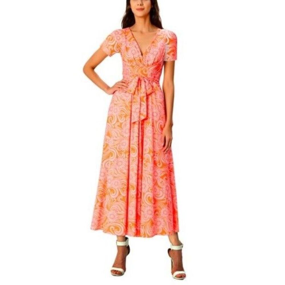 Wayward Fancies eShakti Maxi Dress Women Size XL Coral Floral Tie Crepe Empire